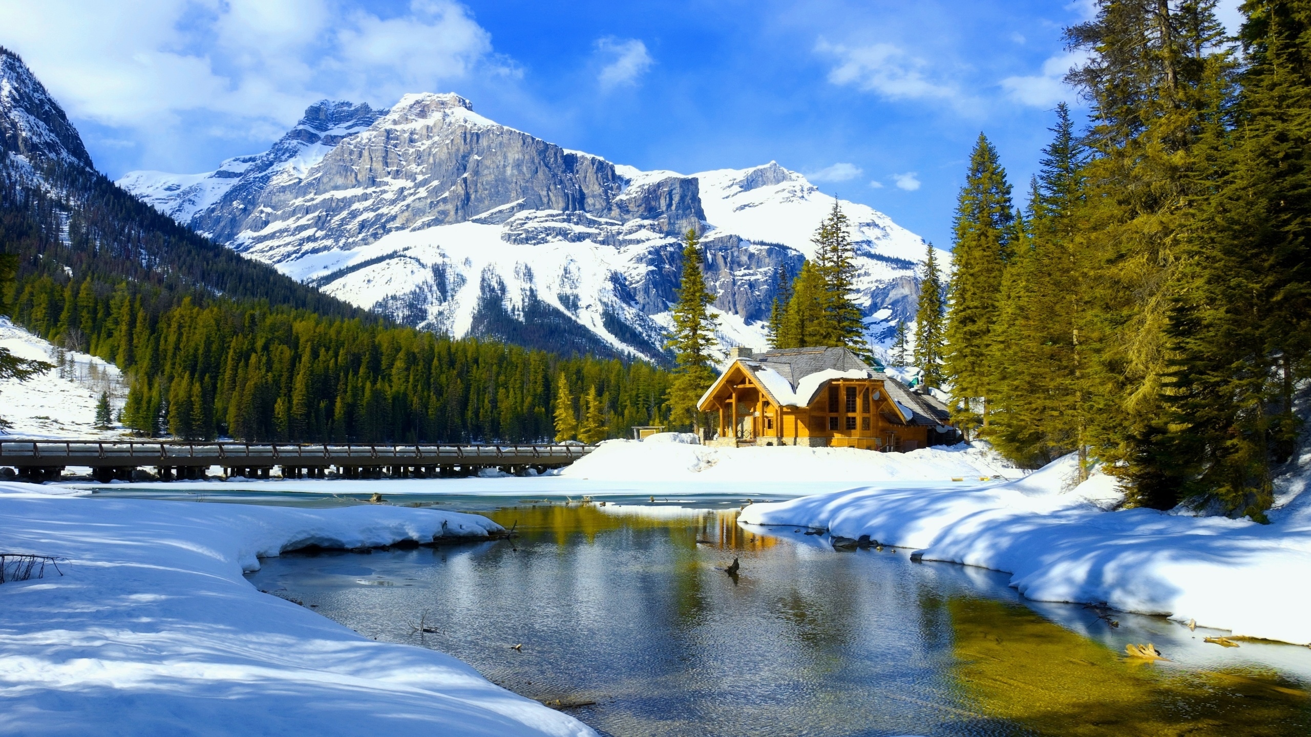 Wallpaper Brown Wooden House Near Lake and Snow Covered Mountain During ...