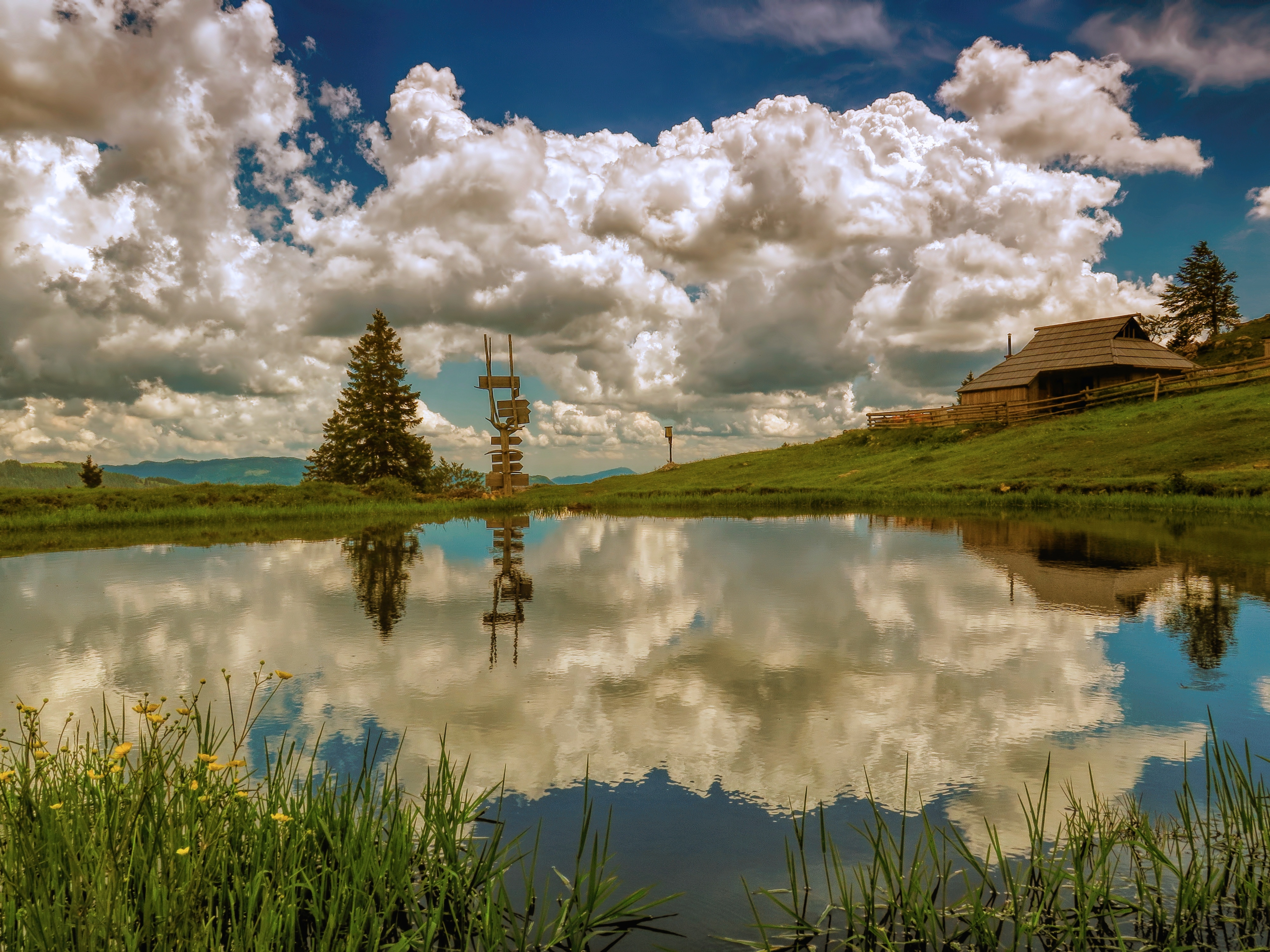 Wallpaper Green Grass Field Near Lake Under Blue and White Cloudy Sky ...