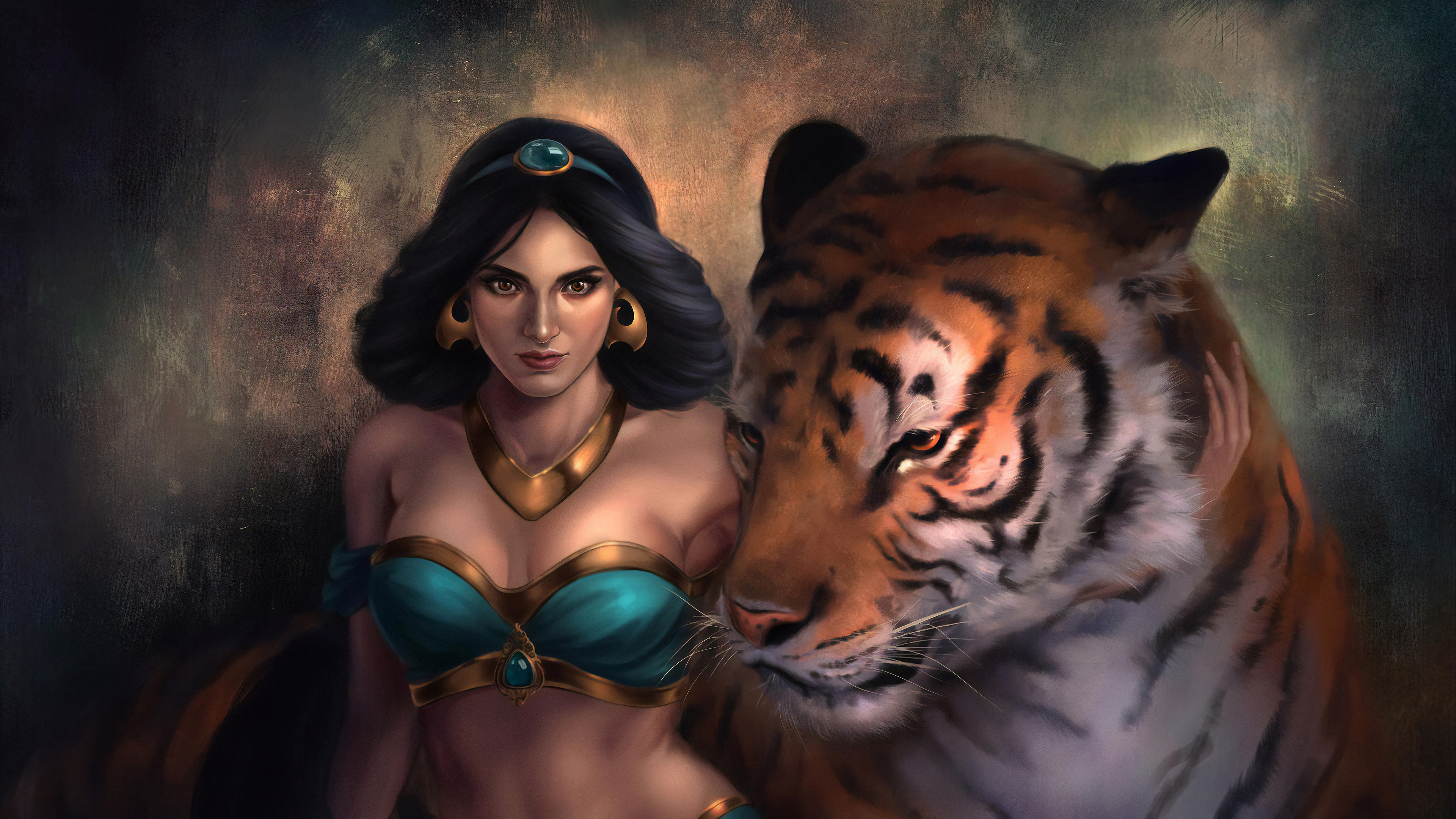 Wallpaper Woman in Blue Brassiere Beside Tiger, Background - Download Free  Image