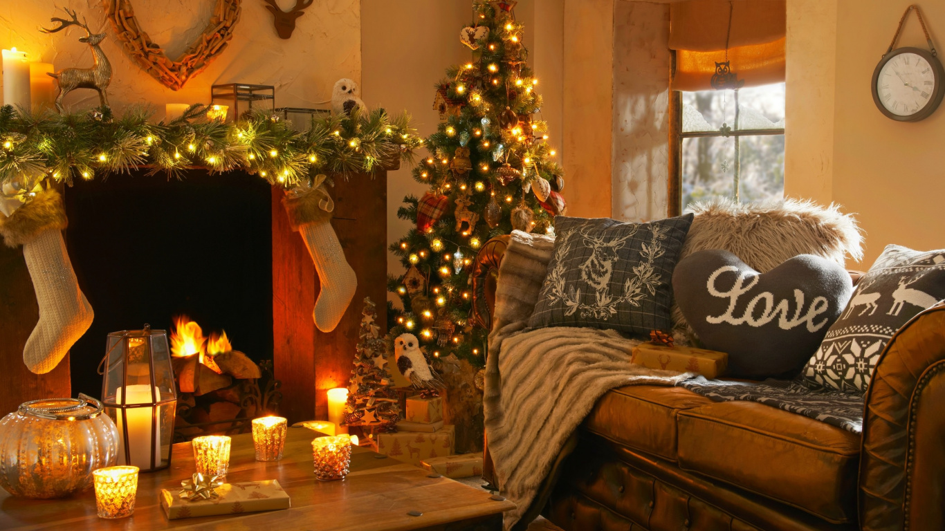 Weihnachten, Weihnachtsbeleuchtung, Weihnachtsbaum, Wohnzimmer, Zimmer. Wallpaper in 1366x768 Resolution