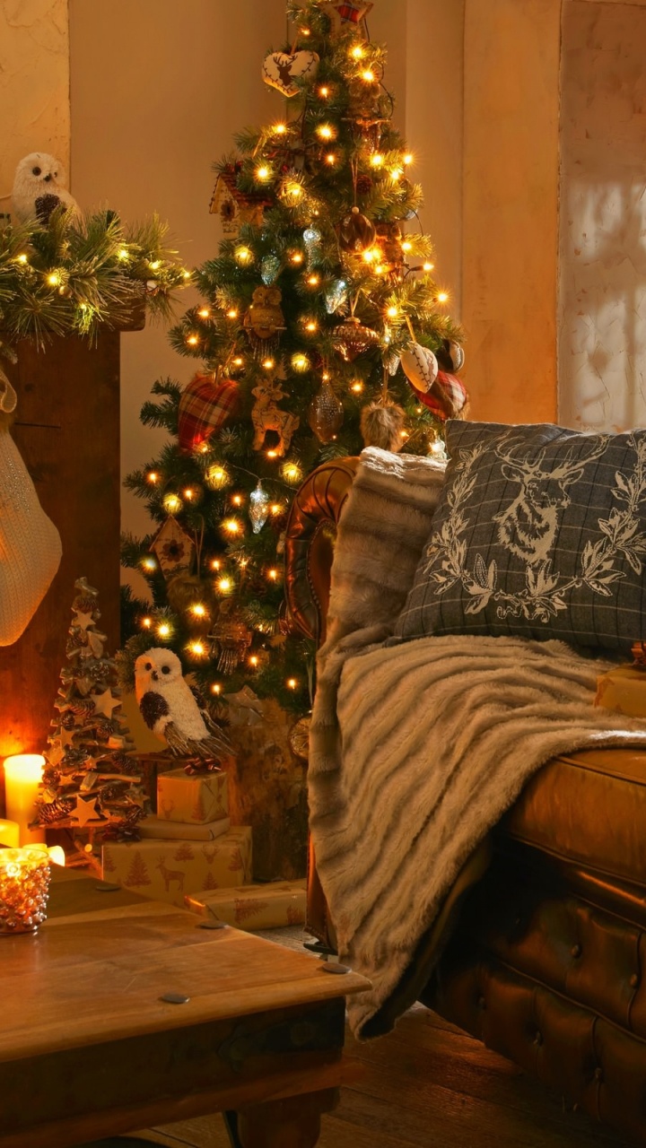 Weihnachten, Weihnachtsbeleuchtung, Weihnachtsbaum, Wohnzimmer, Zimmer. Wallpaper in 720x1280 Resolution
