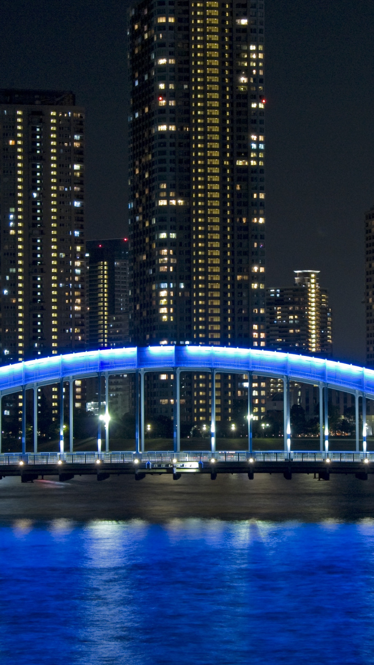 Pont Éclairé Au-dessus de L'eau Près Des Immeubles de Grande Hauteur Pendant la Nuit. Wallpaper in 750x1334 Resolution