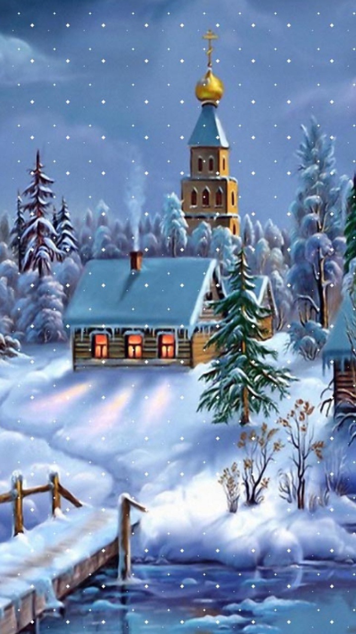 Grünes Und Braunes Haus Während Der Nacht Mit Schnee Bedeckt. Wallpaper in 720x1280 Resolution