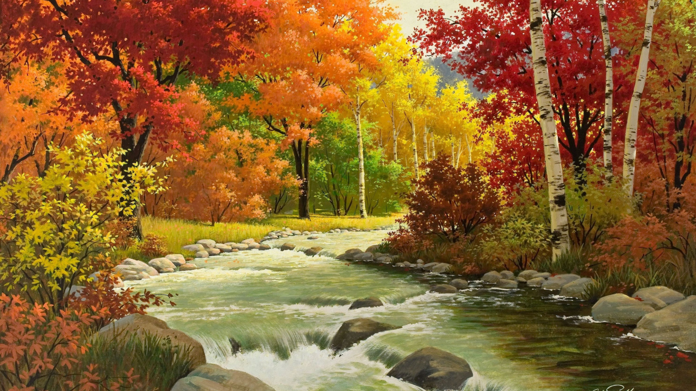 Orange and Yellow Leaves Trees Beside River. Wallpaper in 1366x768 Resolution