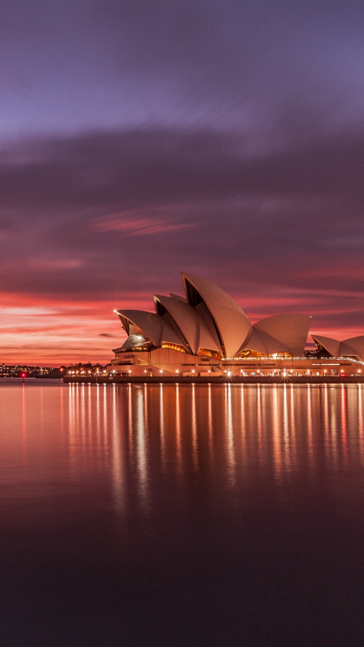 悉尼歌剧院, 反射, 地平线, 余辉, 日落 壁纸 720x1280 允许