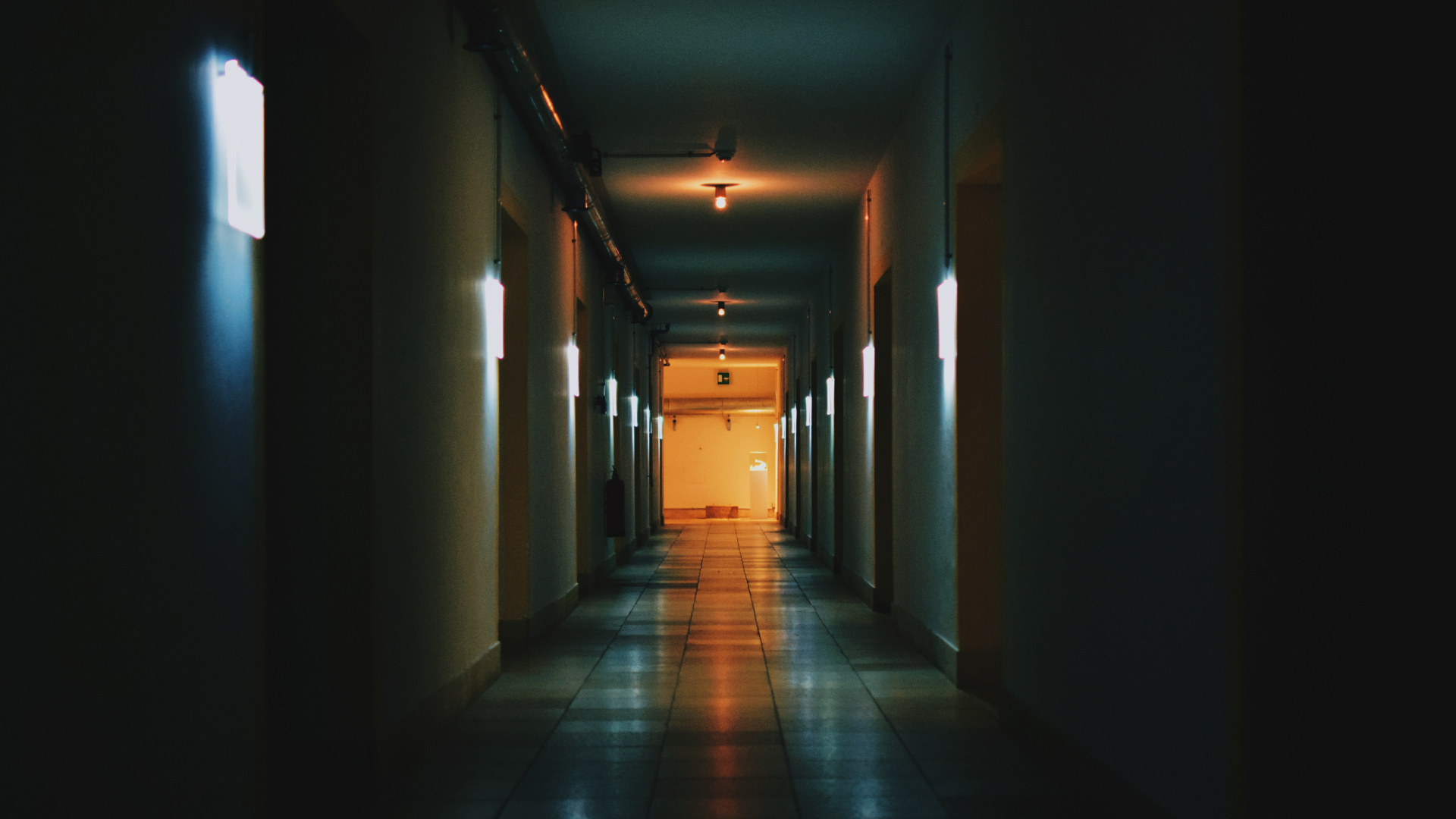 Hallway With White Walls and Ceiling Lights. Wallpaper in 1920x1080 Resolution