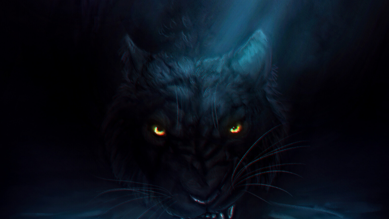 Chat Noir Dans L'eau Avec Des Lumières Bleues. Wallpaper in 1366x768 Resolution