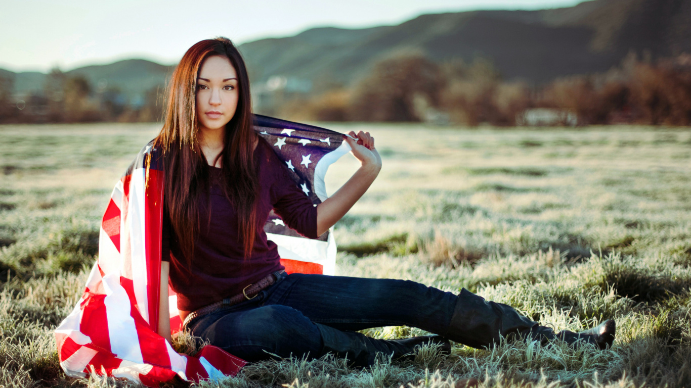 Beauty, Grass, Sitting, Long Hair, Woman. Wallpaper in 1366x768 Resolution