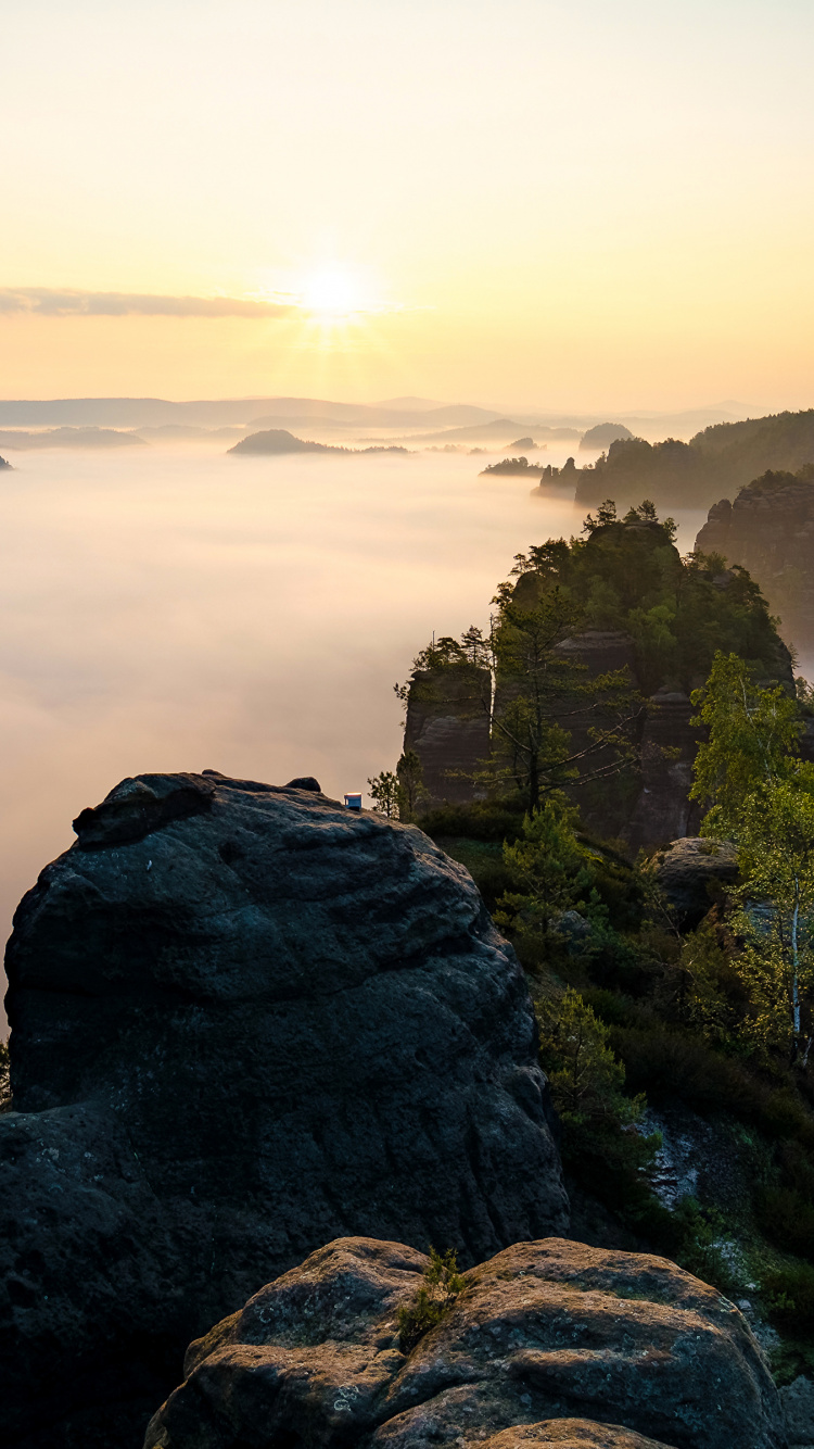Tagsüber Grüne Und Braune Felsformation in Der Nähe Eines Gewässers. Wallpaper in 750x1334 Resolution