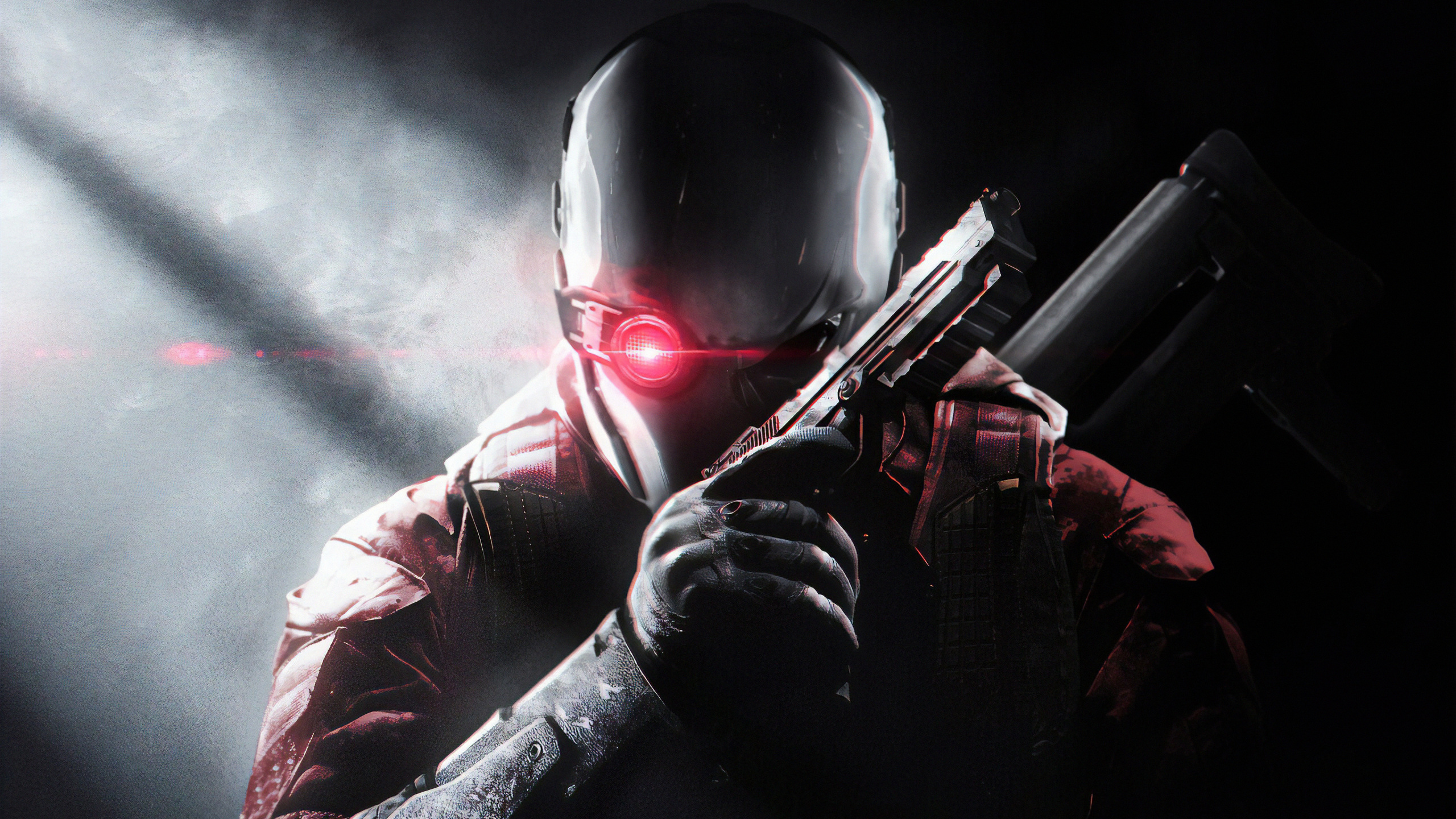 Man in Black and White Jacket Holding Rifle. Wallpaper in 2560x1440 Resolution