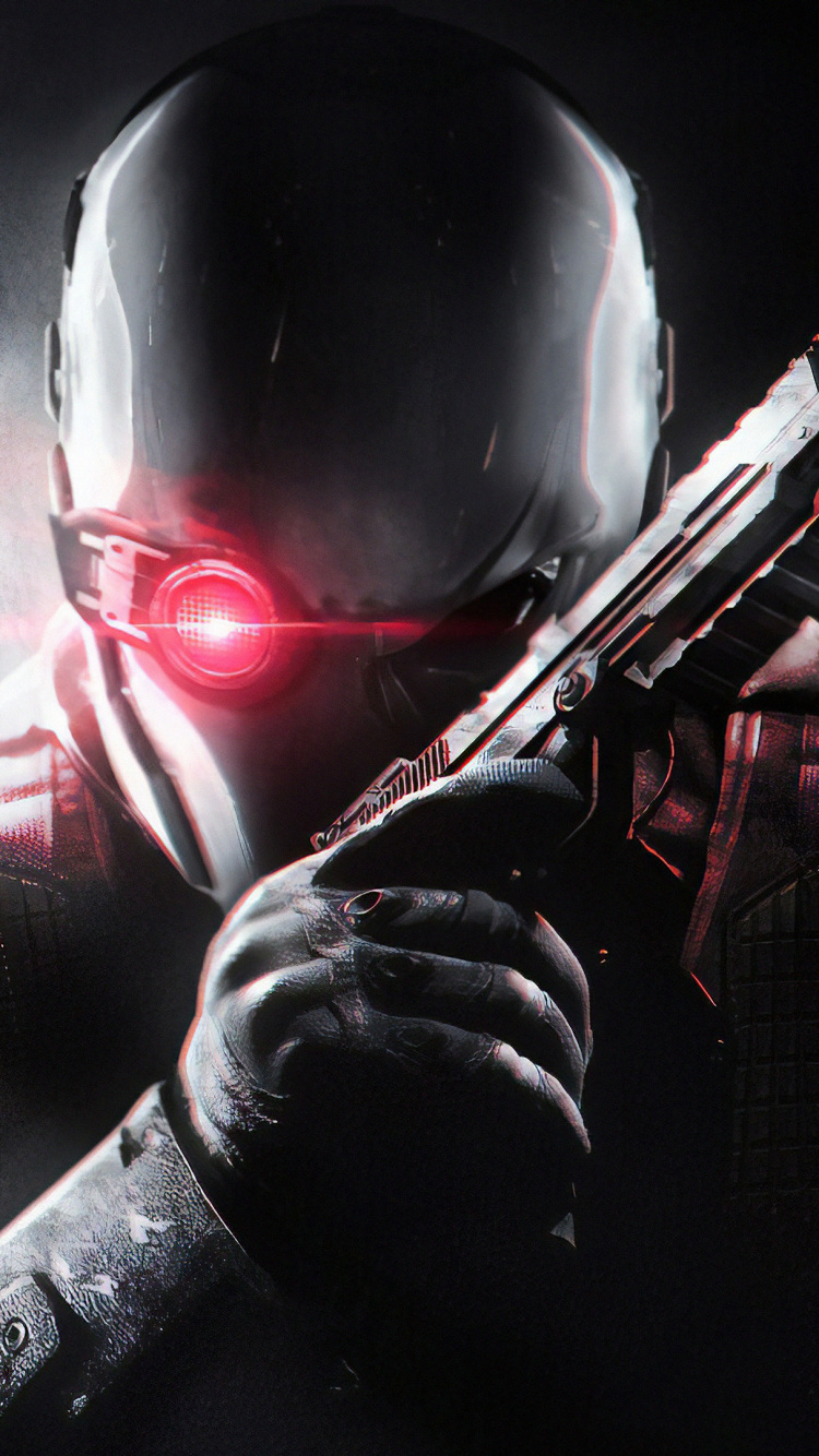 Homme en Veste Noire et Blanche Tenant un Fusil. Wallpaper in 750x1334 Resolution