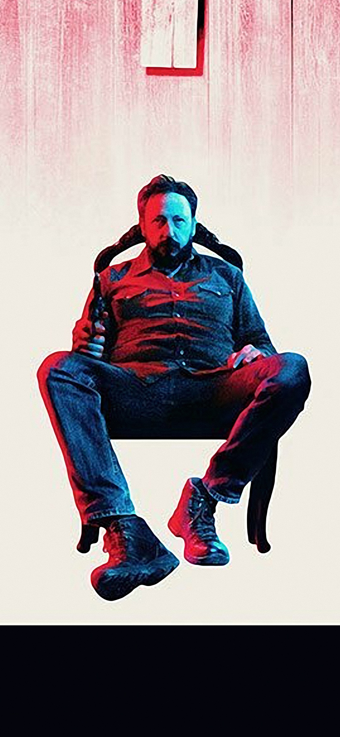 Man in Blue Denim Jacket and Blue Denim Jeans Sitting on Red Sofa Chair. Wallpaper in 1125x2436 Resolution