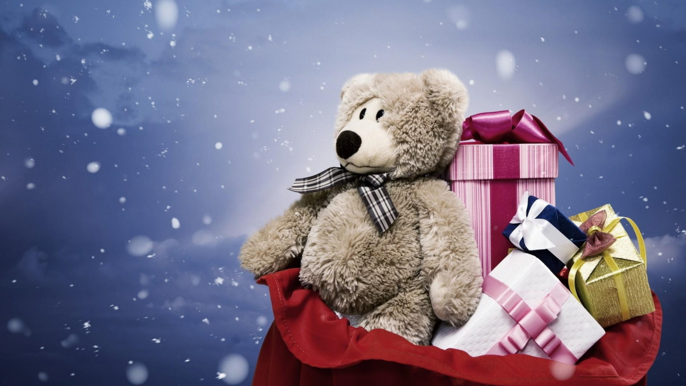 Nounours, Cadeau, Cadeau de Noël, Jouet en Peluche, Nouvelle Année. Wallpaper in 1366x768 Resolution