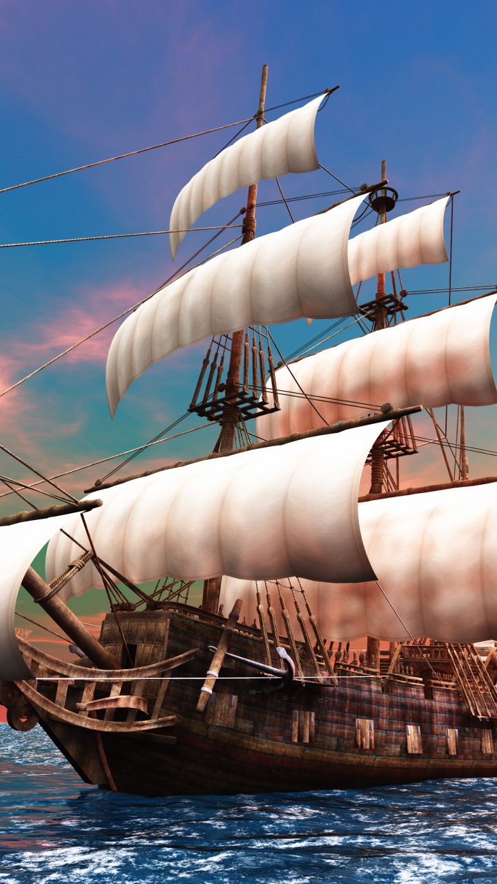 Braunes Und Weißes Segelschiff Auf See Bei Sonnenuntergang. Wallpaper in 720x1280 Resolution