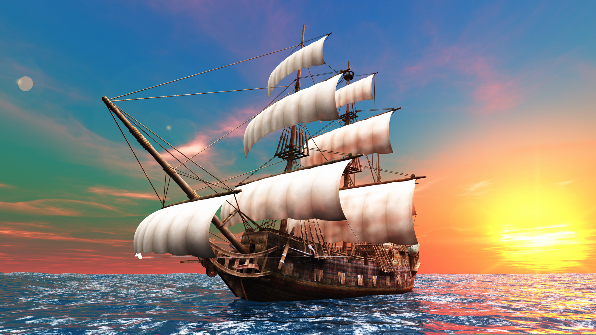 Brown and White Sail Ship on Sea During Sunset. Wallpaper in 1920x1080 Resolution