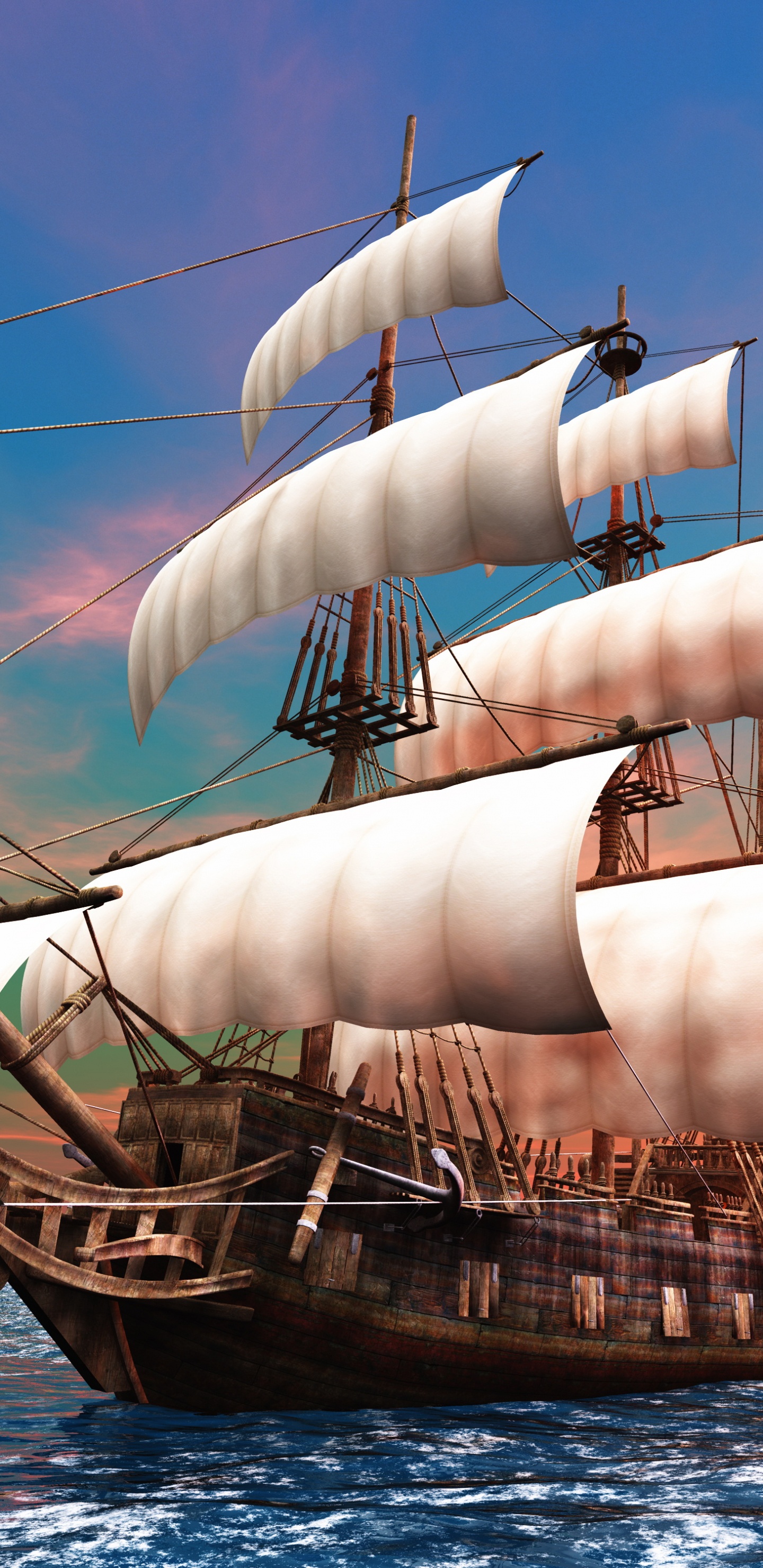 Velero Marrón y Blanco en el Mar Durante la Puesta de Sol. Wallpaper in 1440x2960 Resolution