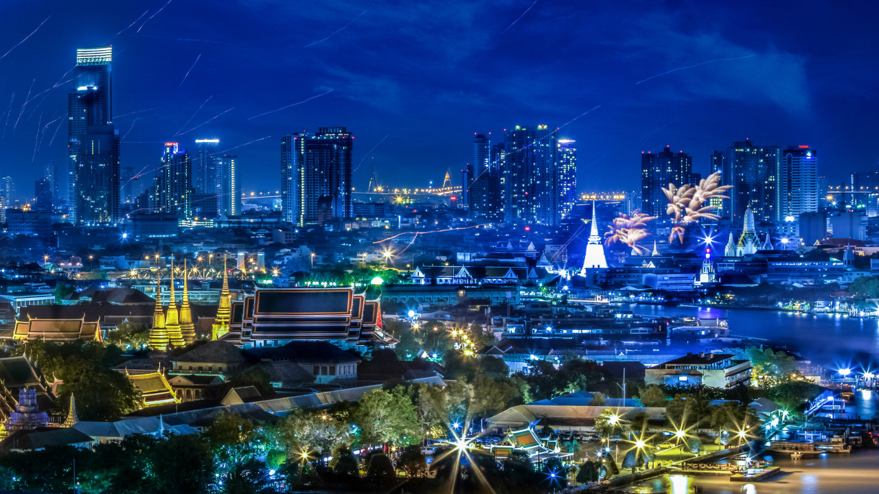 City With High Rise Buildings During Night Time. Wallpaper in 1280x720 Resolution