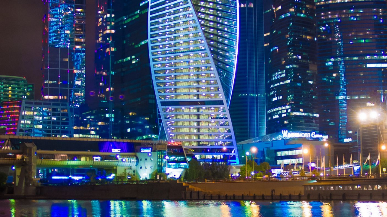 Gratte-ciel, Moscou, Eau, Bâtiment, Blue. Wallpaper in 1280x720 Resolution