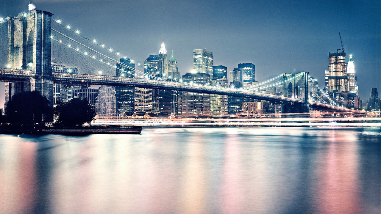 布鲁克林大桥, 城市景观, 城市, 反射, 天际线 壁纸 1280x720 允许
