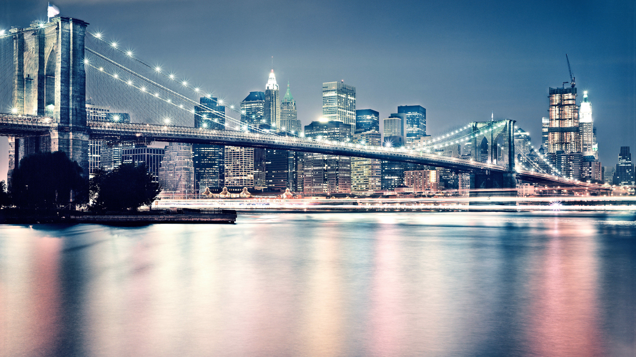 布鲁克林大桥, 城市景观, 城市, 反射, 天际线 壁纸 2560x1440 允许