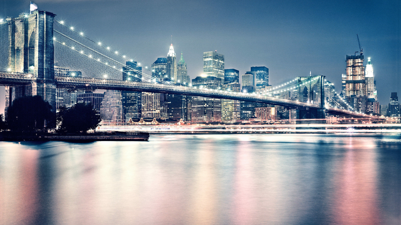 Brooklyn Bridge, Stadtlandschaften, Reflexion, Skyline, Wahrzeichen. Wallpaper in 1280x720 Resolution