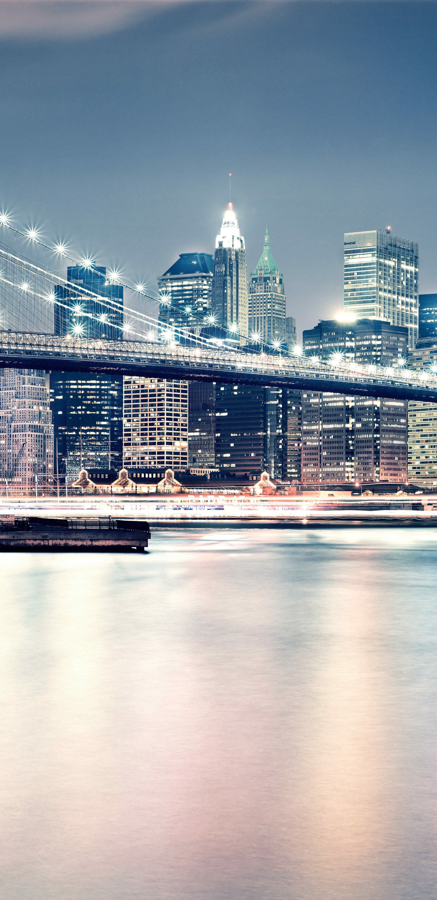 Brooklyn Bridge, Cityscape, City, Reflection, Skyline. Wallpaper in 1440x2960 Resolution