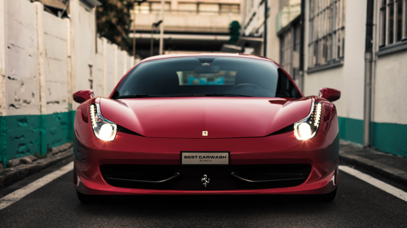 Red Ferrari 458 Italia Parked on Sidewalk During Daytime. Wallpaper in 1366x768 Resolution