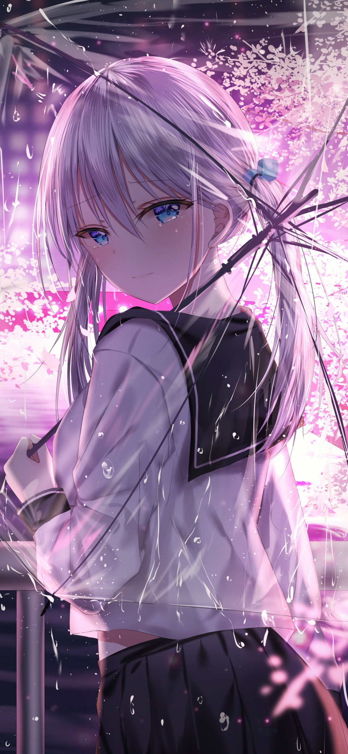 Frau in Weißer Und Schwarzer Schuluniform, Die Tagsüber Unter Einem Rosa Kirschblütenbaum Steht. Wallpaper in 1125x2436 Resolution