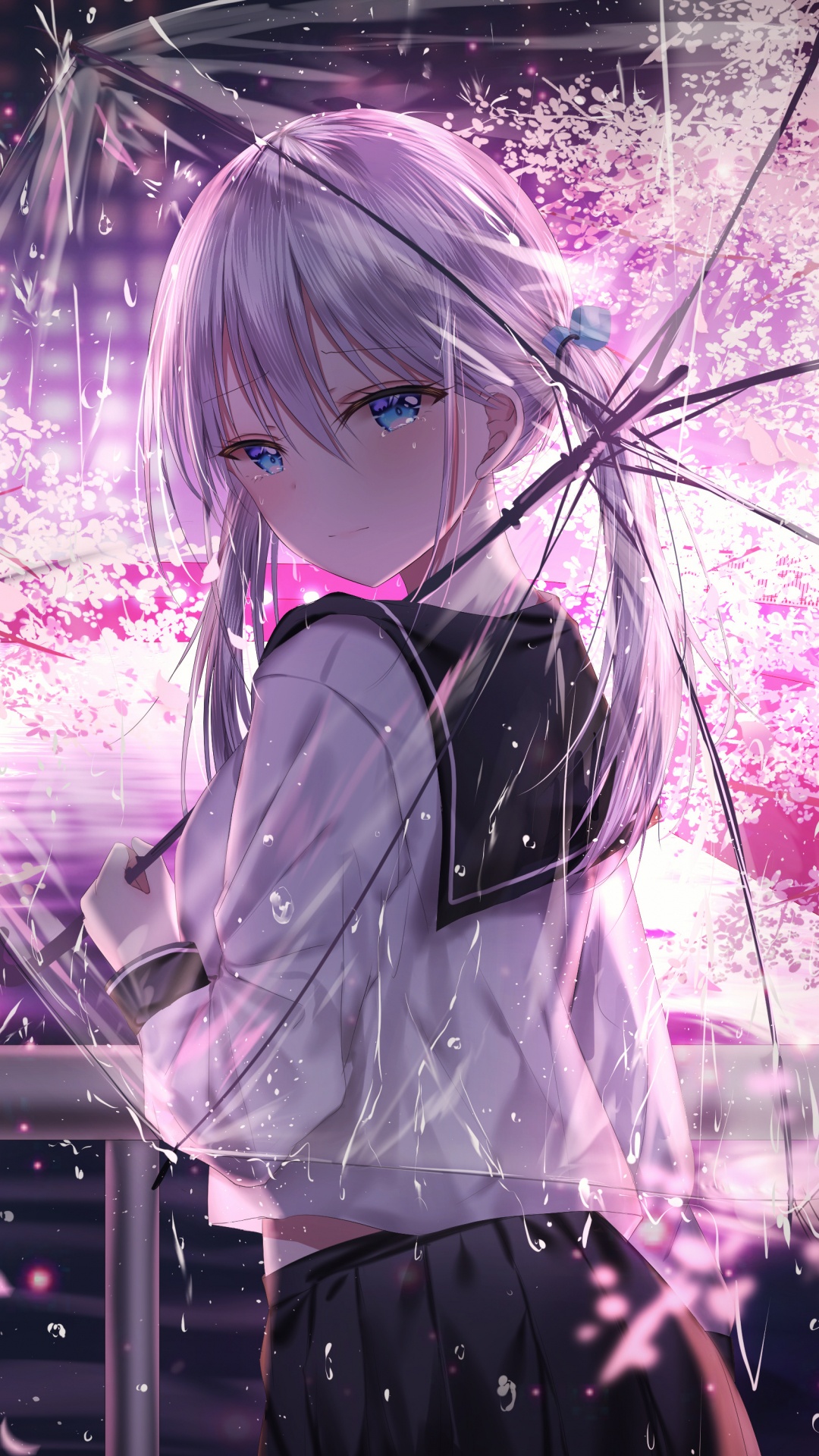 Femme en Uniforme Scolaire Blanc et Noir Debout Sous un Arbre de Fleurs de Cerisier Rose Pendant la Journée. Wallpaper in 1080x1920 Resolution