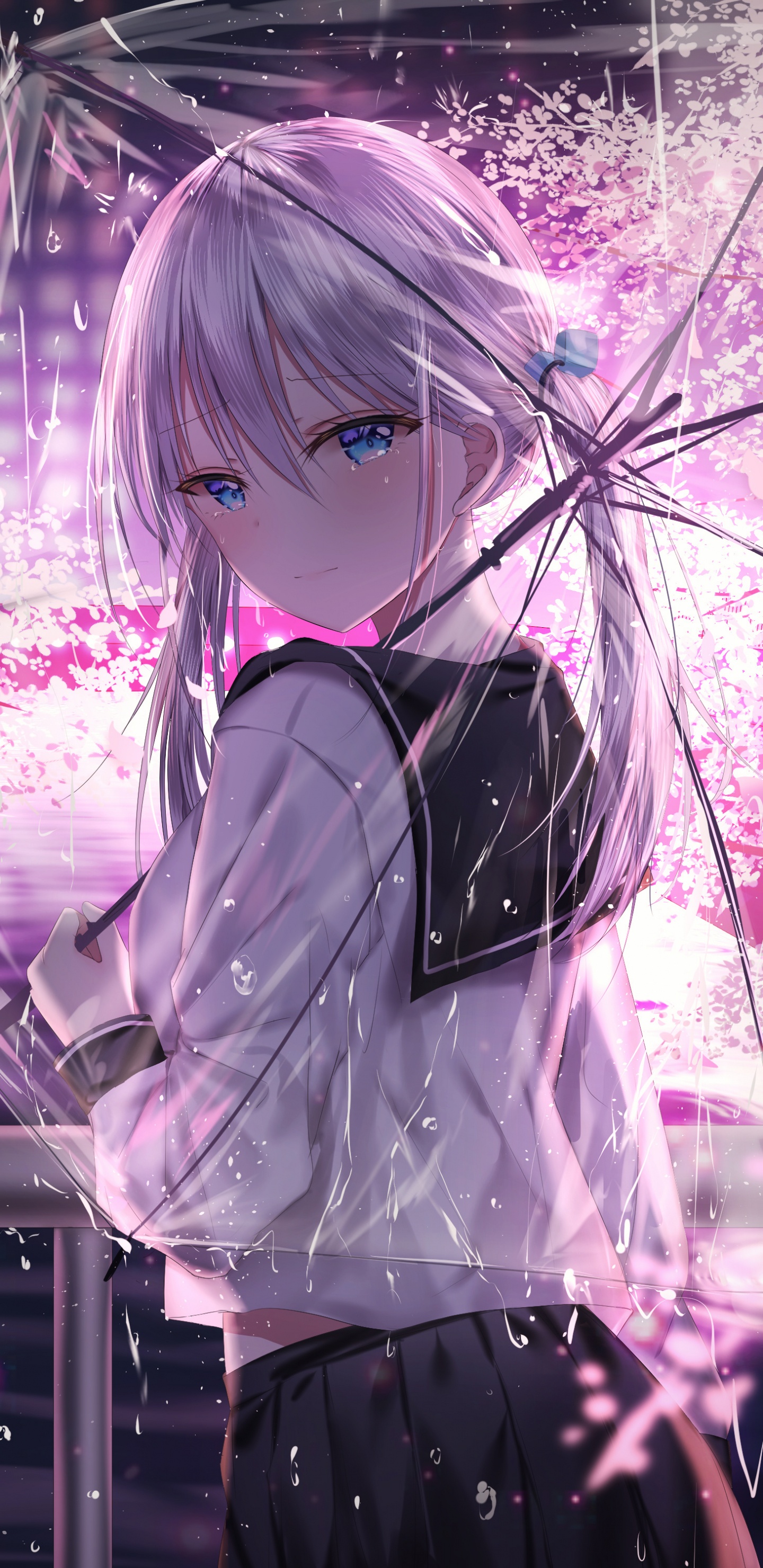 Femme en Uniforme Scolaire Blanc et Noir Debout Sous un Arbre de Fleurs de Cerisier Rose Pendant la Journée. Wallpaper in 1440x2960 Resolution