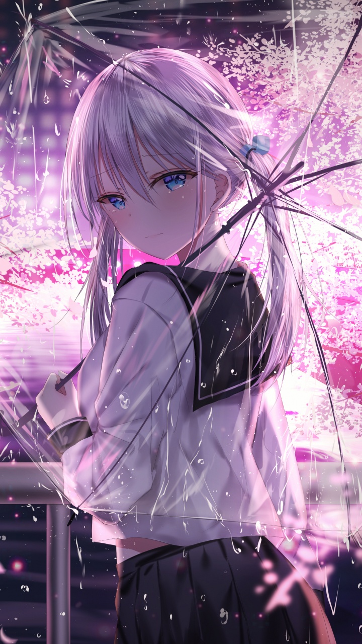 Femme en Uniforme Scolaire Blanc et Noir Debout Sous un Arbre de Fleurs de Cerisier Rose Pendant la Journée. Wallpaper in 720x1280 Resolution