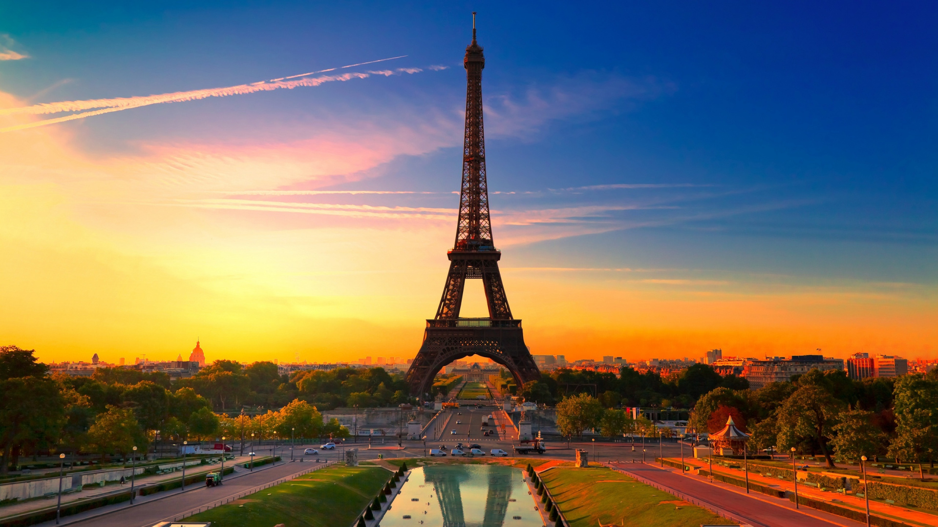 Eiffel Tower Under Blue Sky During Sunset. Wallpaper in 1920x1080 Resolution