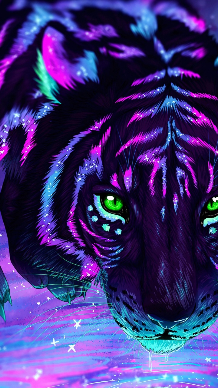 Glowing Tiger, Tiger, Felidae, Painting, Digital Art. Wallpaper in 720x1280 Resolution
