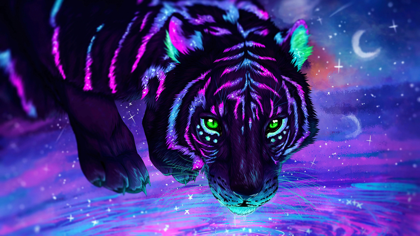 Tigre Brillant, Tigre, Felidae, L'art Numérique, Art. Wallpaper in 1366x768 Resolution