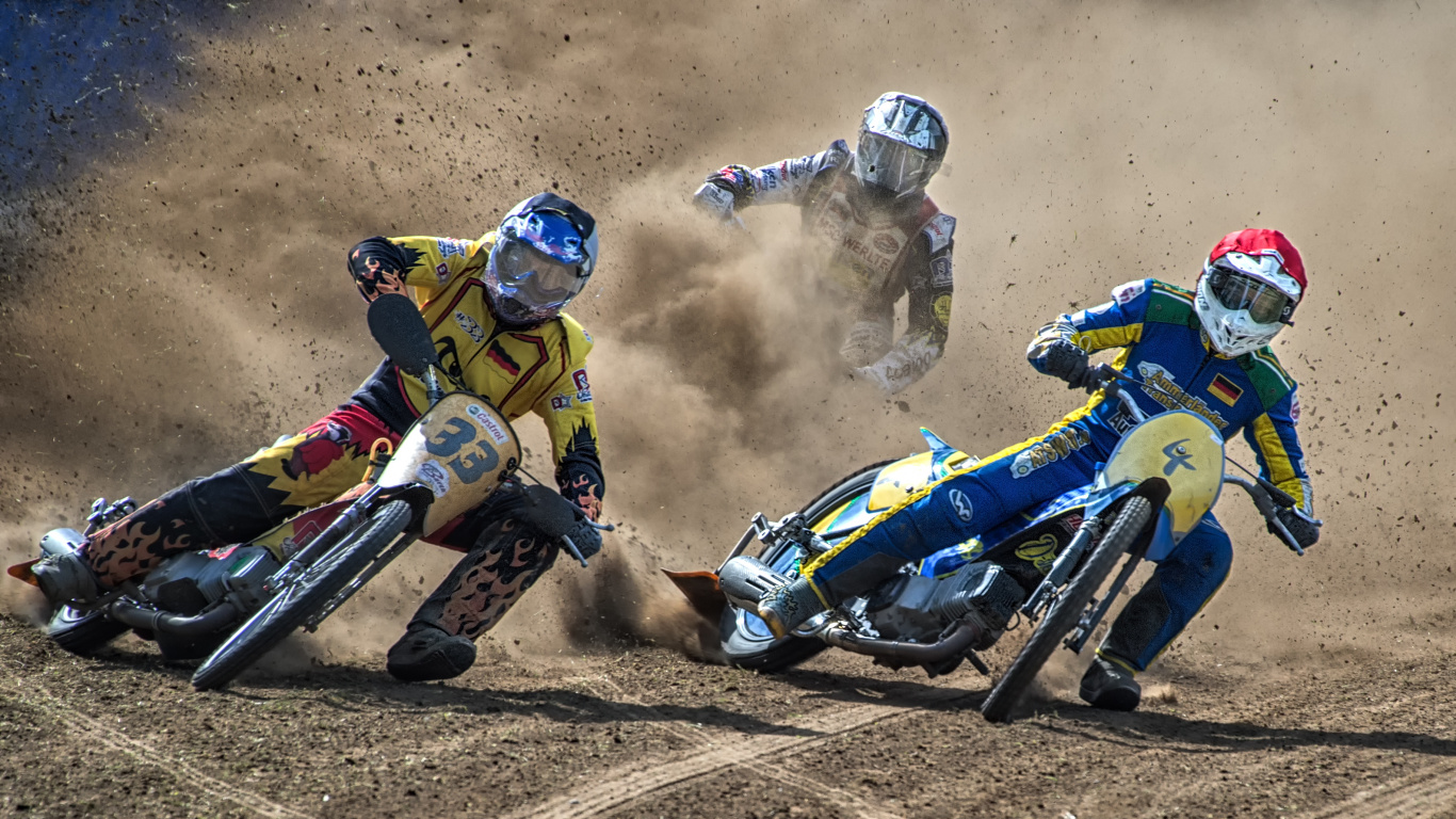 Man in Blue and White Suit Riding on Blue and White Motocross Dirt Bike. Wallpaper in 1366x768 Resolution