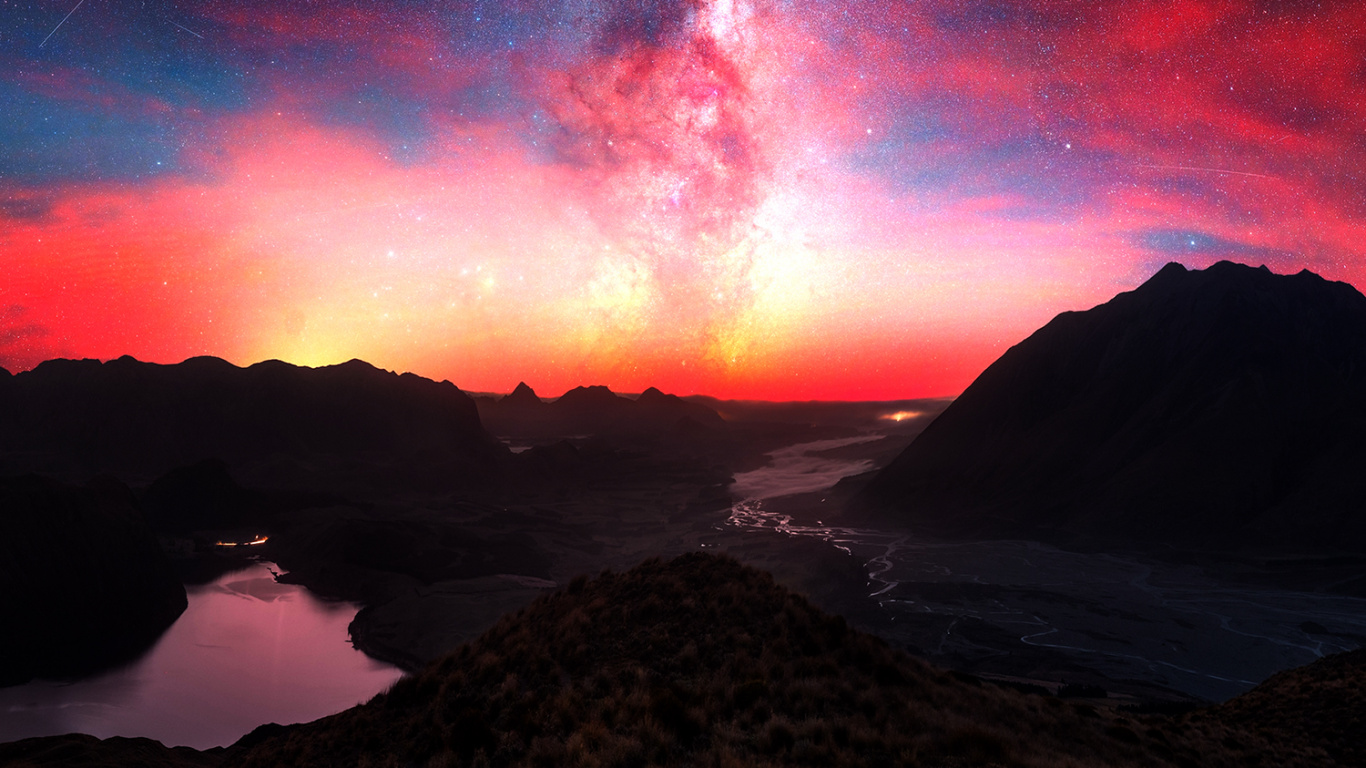 Afterglow, Volcan, Atmosphère, Eau, Nature. Wallpaper in 1366x768 Resolution