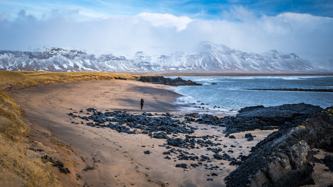 Iceland, Coast, Physics, Shore, Mountainous Landforms. Wallpaper in 1366x768 Resolution