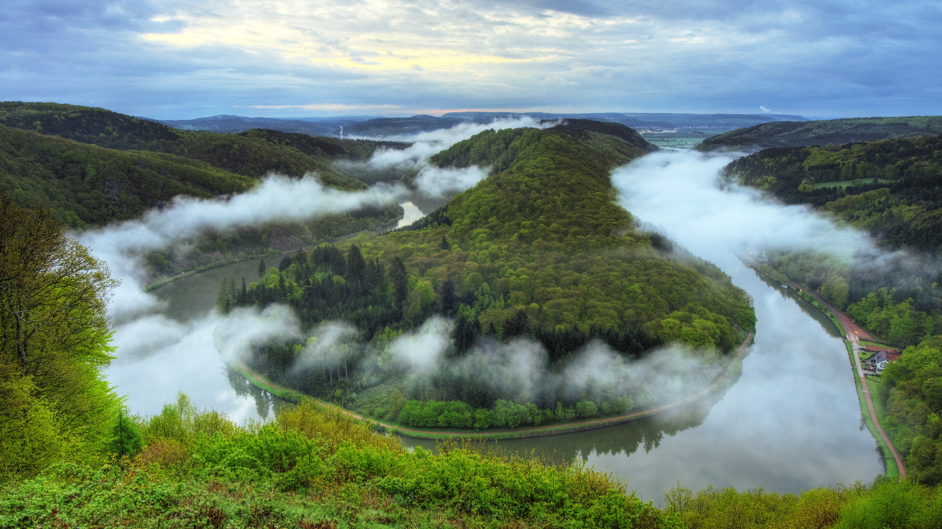 Saarschleife, Saar, Orscholz, Horseshoe Bend, Landscape. Wallpaper in 1366x768 Resolution