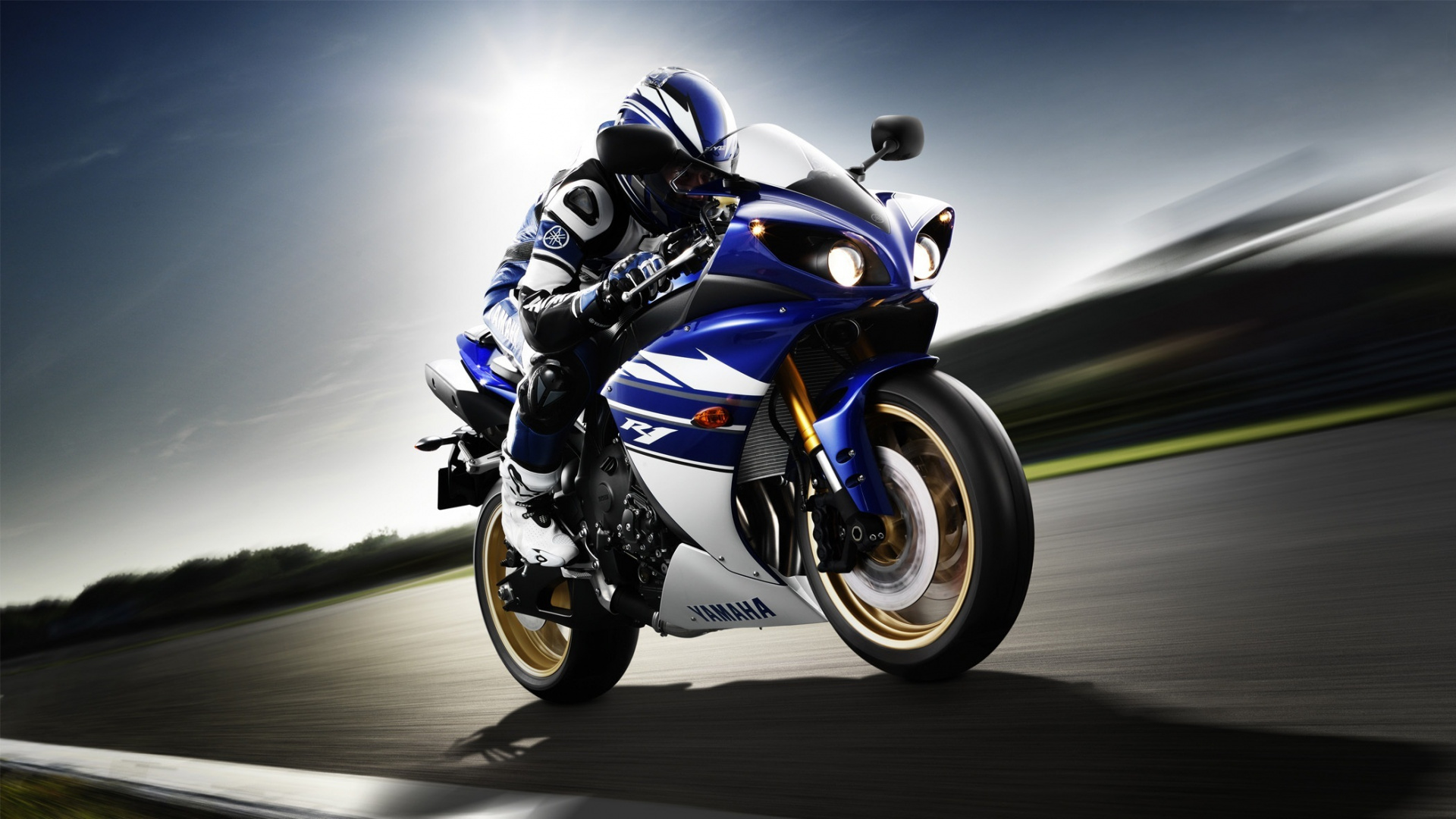 Man in Black and White Motorcycle Helmet Riding Blue and White Sports Bike. Wallpaper in 1920x1080 Resolution