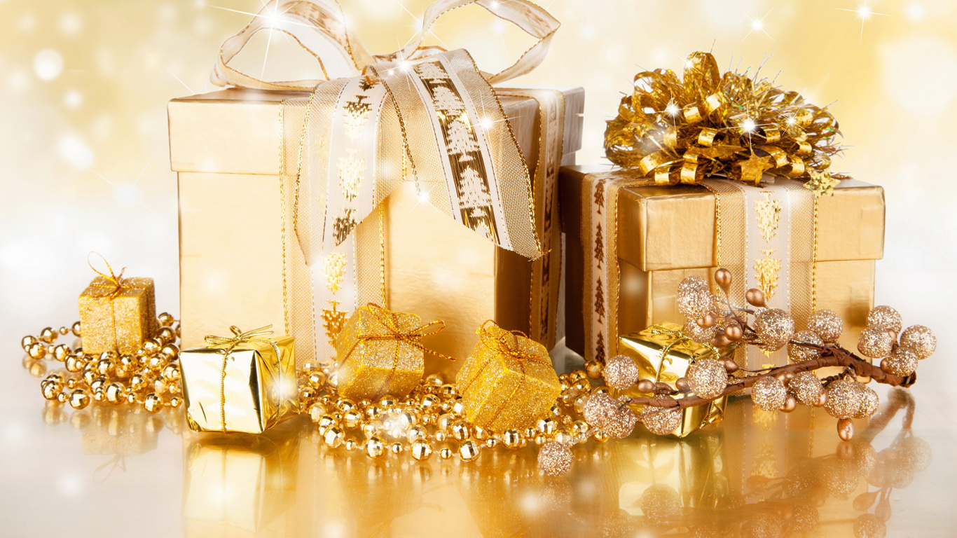 Gift, Christmas Day, Gold, Christmas Decoration, Metal. Wallpaper in 1366x768 Resolution