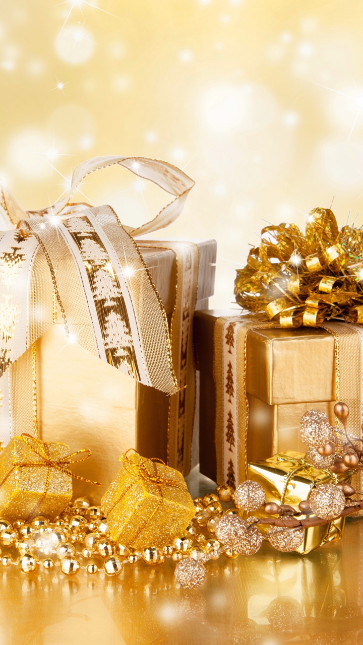 Geschenk, Weihnachten, Gold, Weihnachtsdekoration, Metall. Wallpaper in 720x1280 Resolution