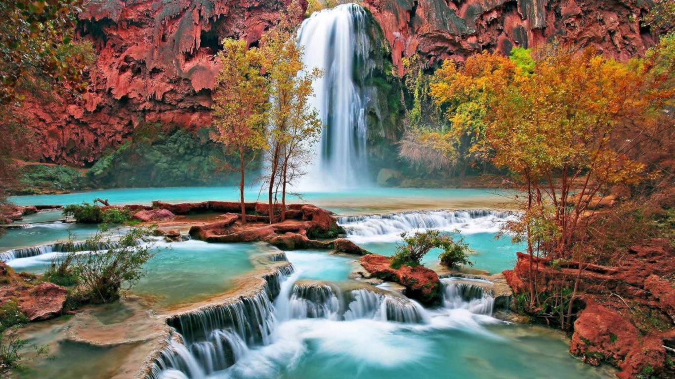 Cascades au Milieu de la Forêt. Wallpaper in 1366x768 Resolution