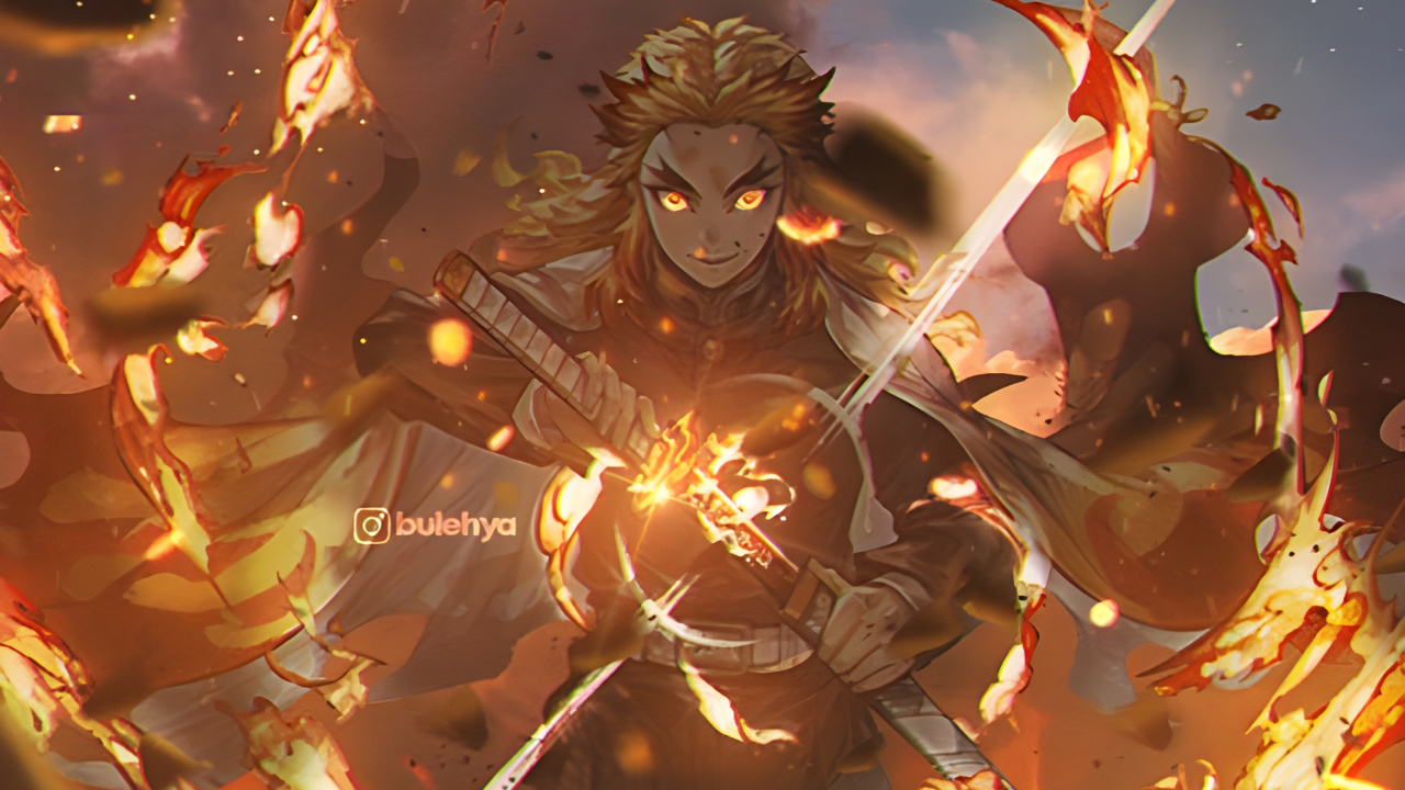 Anime, Tigre Kyojuro Rengoku, Bulehya Rengoku, Tanjiro Kamado, Kyjur Rengoku. Wallpaper in 1280x720 Resolution