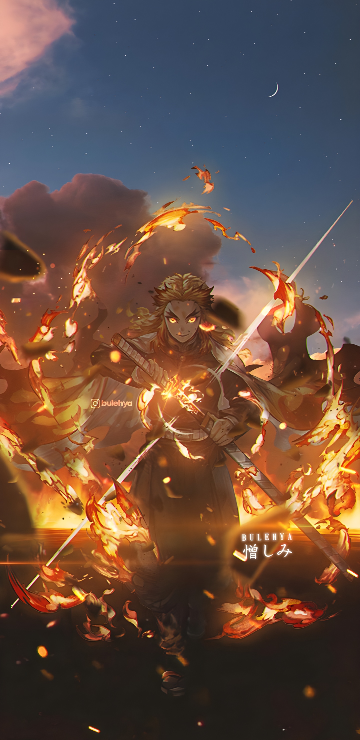 L'anime, Tigre Kyojuro Rengoku, Bulehya Rengoku, Tanjiro Kamado, Kyjur Rengoku. Wallpaper in 1440x2960 Resolution