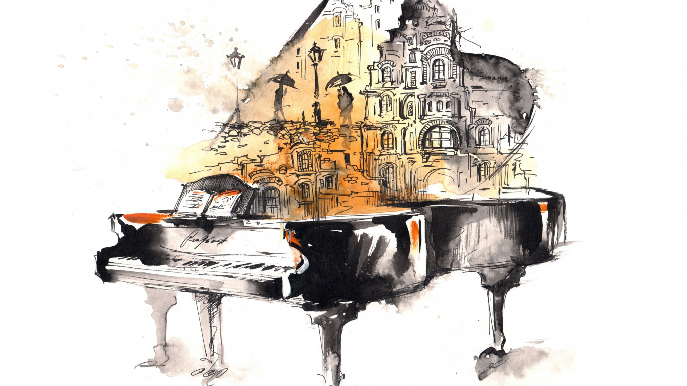 Piano, Watercolor Painting, Painting, Art, Illustration. Wallpaper in 1366x768 Resolution