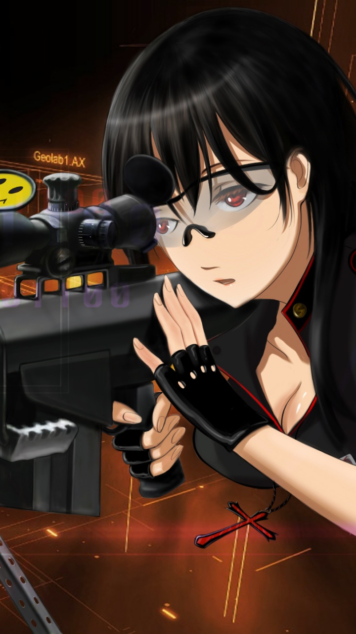 Schwarzhaarige Weibliche Anime-Figur Mit Gewehr. Wallpaper in 720x1280 Resolution