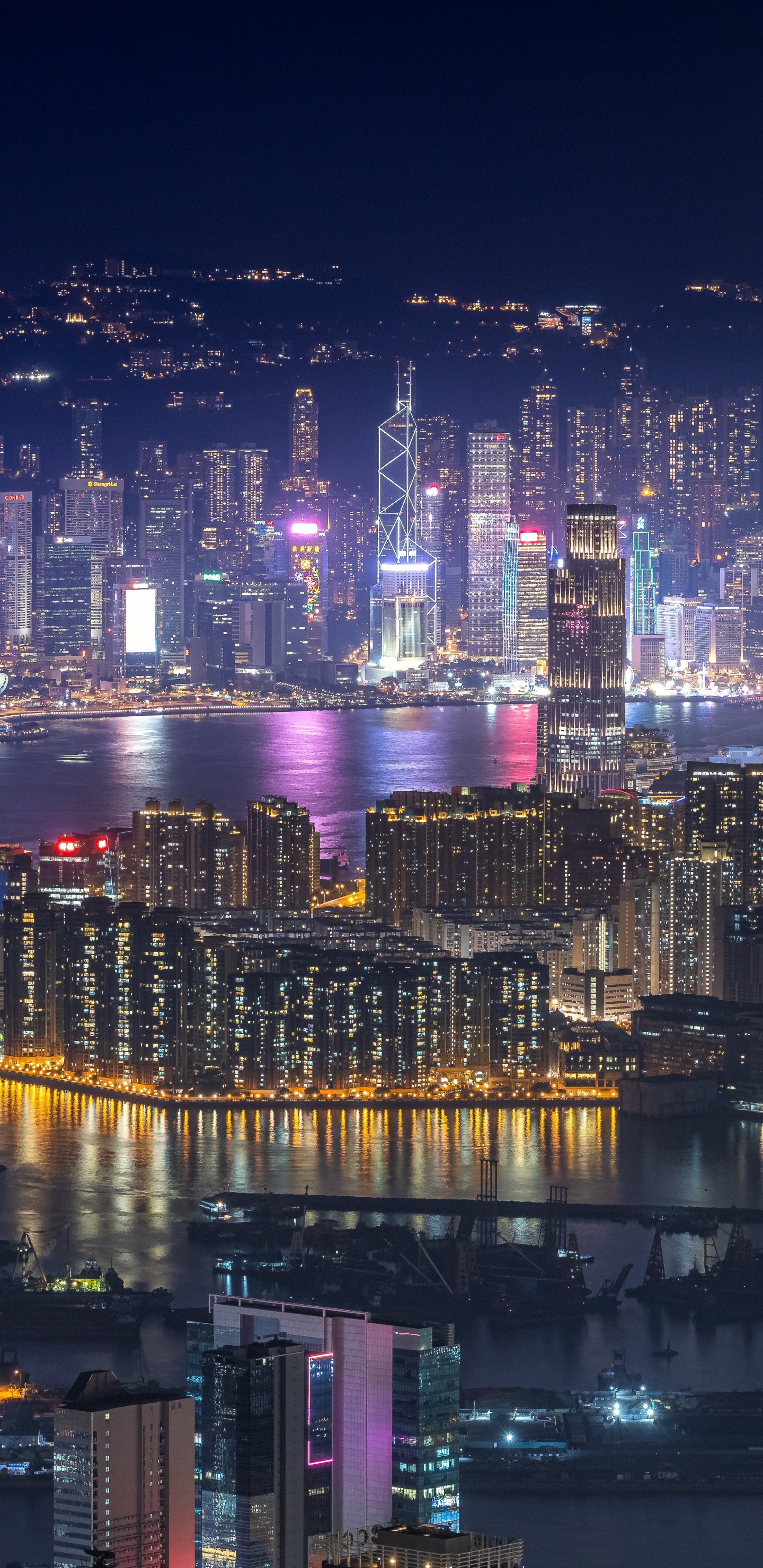 Hong Kong, Bâtiment, Gratte-ciel, Eau, Purple. Wallpaper in 1440x2960 Resolution