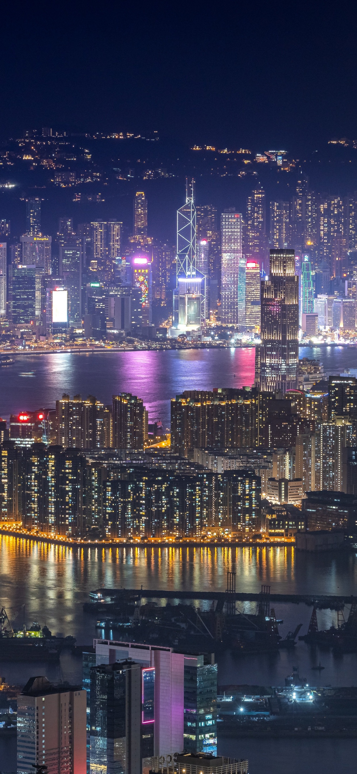 Hong Kong, Building, Skyscraper, Water, Purple. Wallpaper in 1242x2688 Resolution