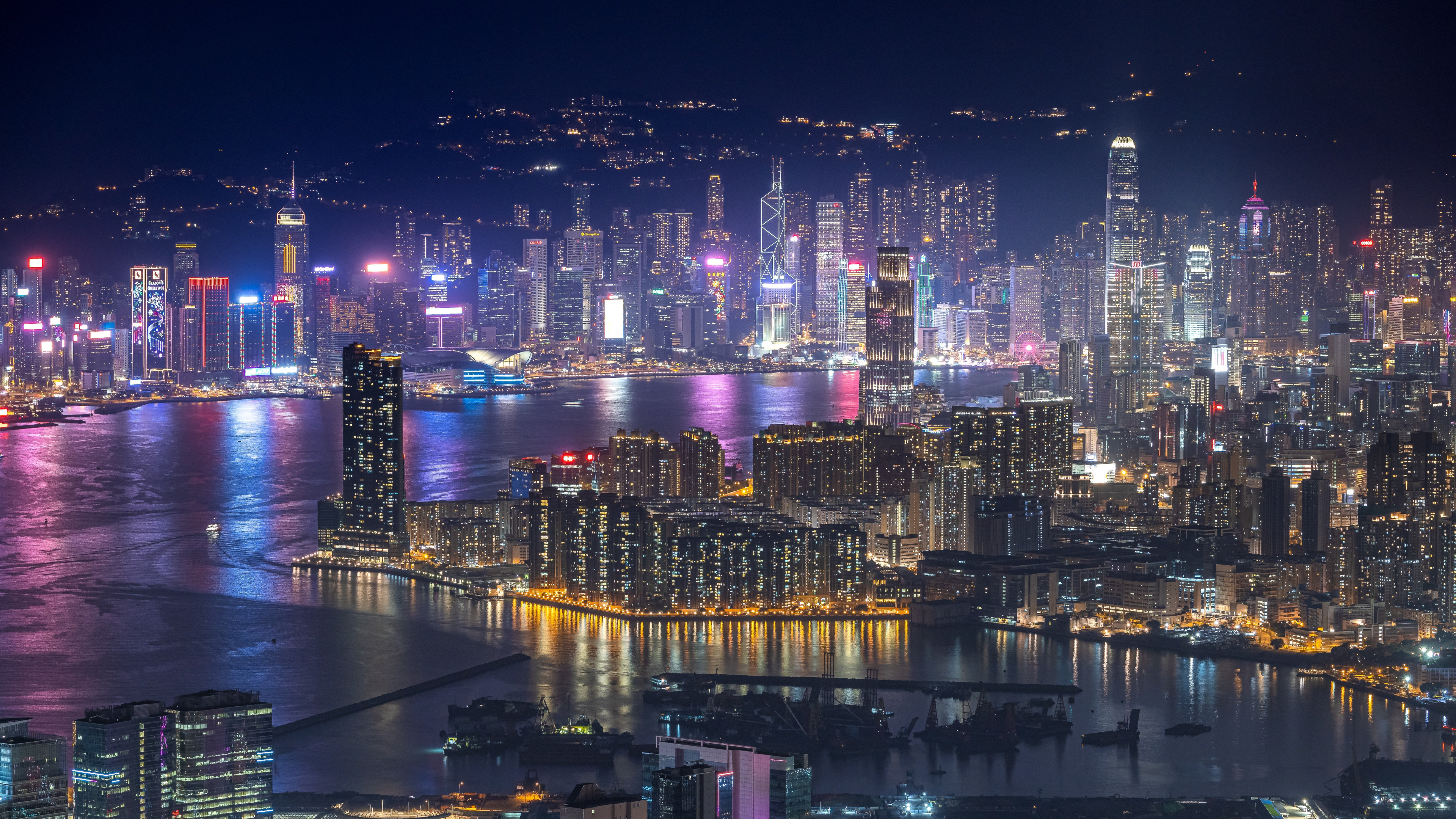 Hong Kong, Building, Skyscraper, Water, Purple. Wallpaper in 3840x2160 Resolution