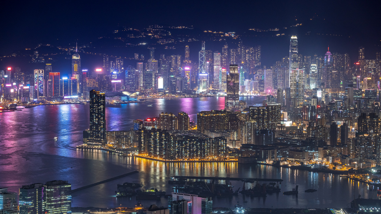 Hong Kong, Edificio, Agua, Morado, Electricidad. Wallpaper in 1280x720 Resolution